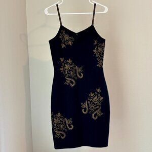 Vintage black bodycon dress with gold beading